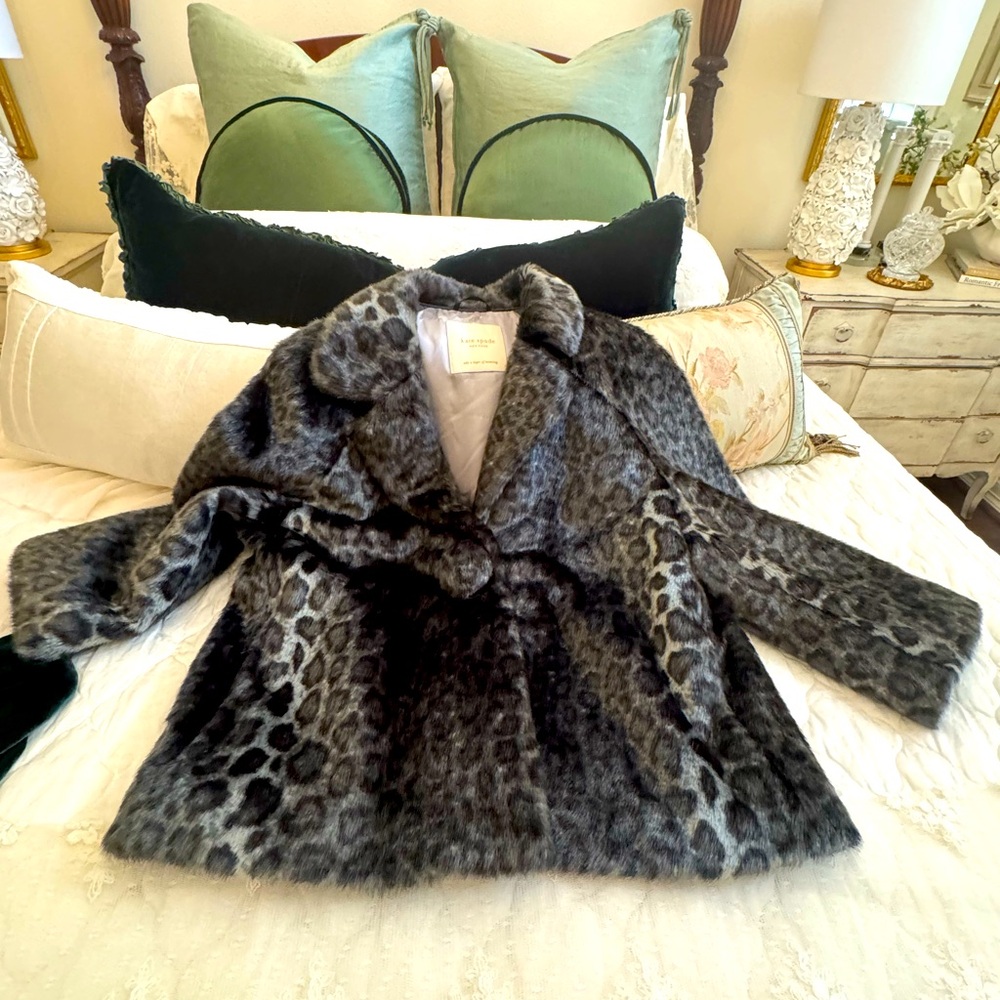 Kate Spade Gray faux fur animal print Teddy Jacket